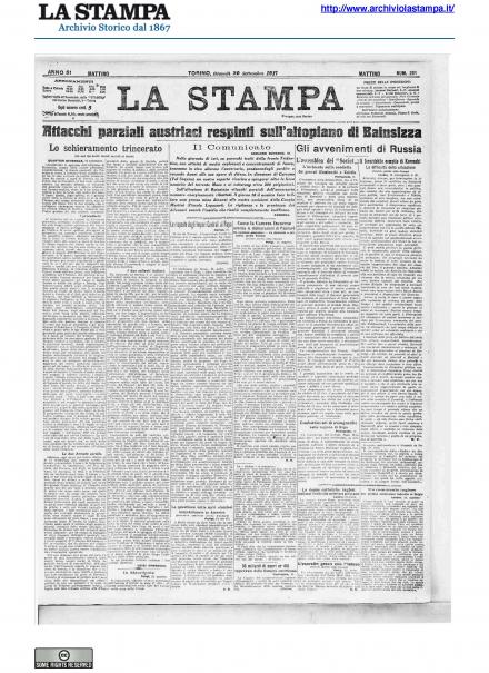 La prima pagina de La Stampa del 20 settembre 1917
