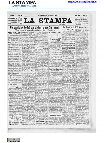 La prima pagina de La Stampa del 21 settembre 1917
