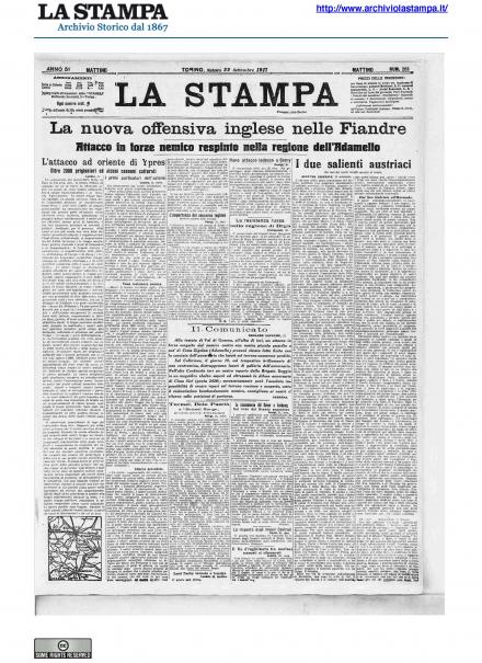 La prima pagina de La Stampa del 22 settembre 1917
