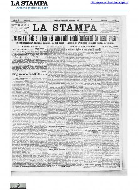 La prima pagina de La Stampa del 29 settembre 1917