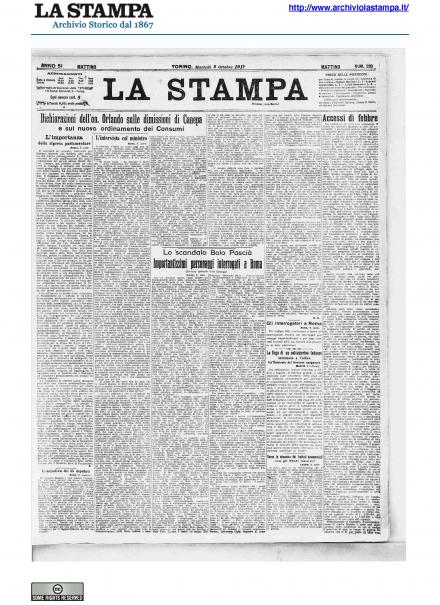 La prima pagina de La Stampa del 9 ottobre 1917