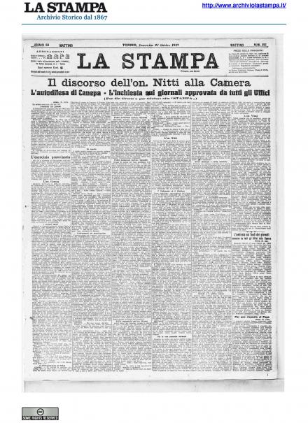 La prima pagina de La Stampa del 21 ottobre 1917