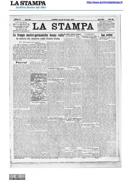 La prima pagina de La Stampa del 29 ottobre 1917