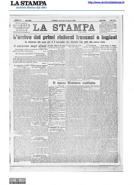 La prima pagina de La Stampa del 31 ottobre 1917