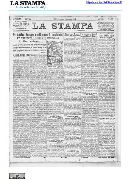 La prima pagina de La Stampa del primo novembre 1917
