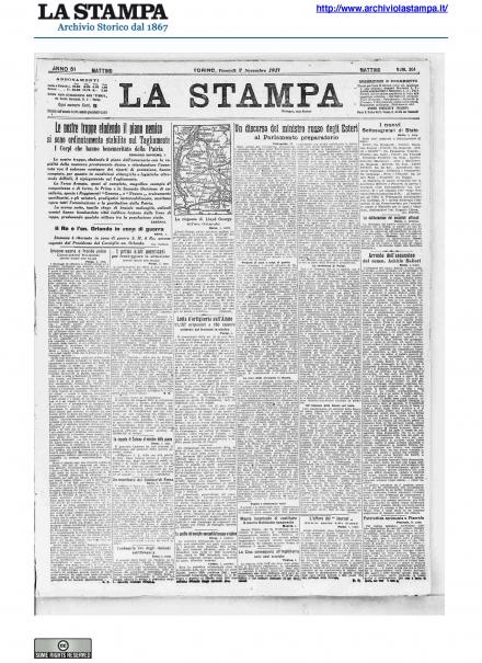 La prima pagina de La Stampa del 2 novembre 1917