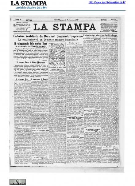 La prima pagina de La Stampa del 9 novembre 1917