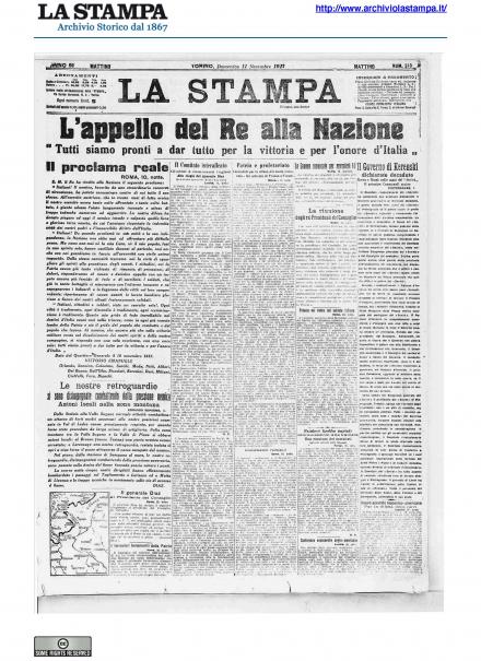 La prima pagina de La Stampa del 11 novembre 1917
