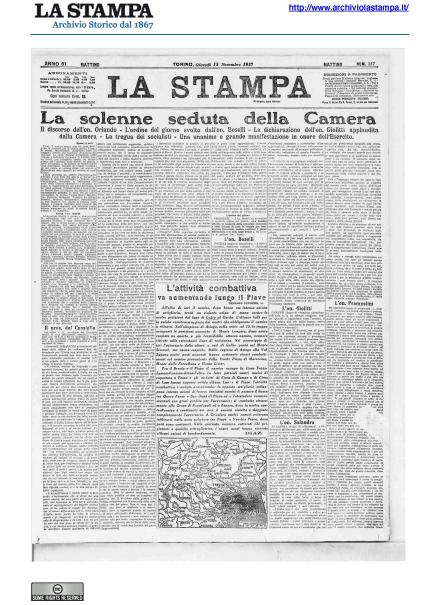 La prima pagina de La Stampa del 15 novembre 1917