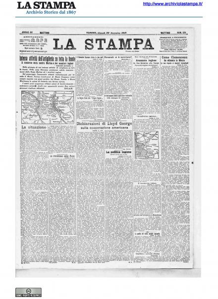 La prima pagina de La Stampa del 22 novembre 1917