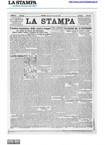 La prima pagina de La Stampa del 27 novembre 1917