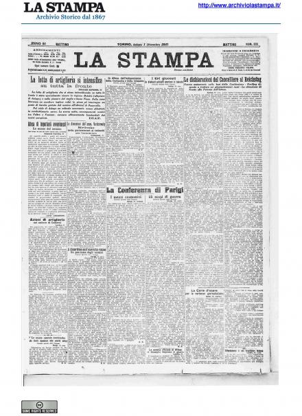 La prima pagina de La Stampa del primo dicembre 1917