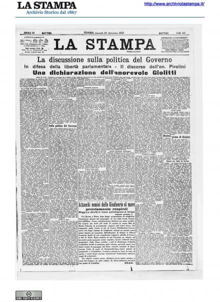 La prima pagina de La Stampa del 21 dicembre 1917