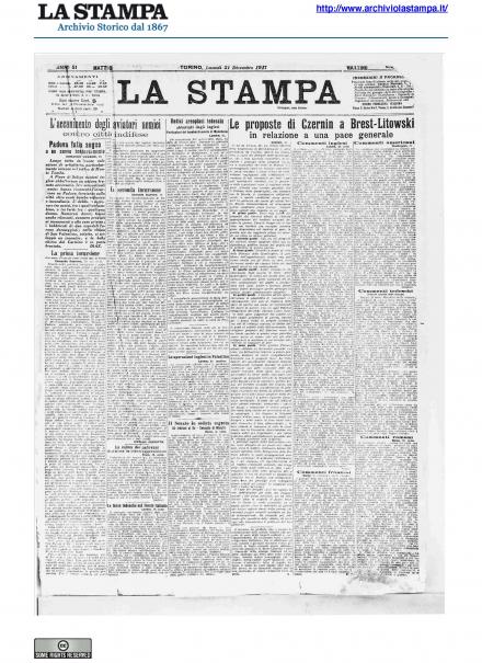 La prima pagina de La Stampa del 31 dicembre 1917