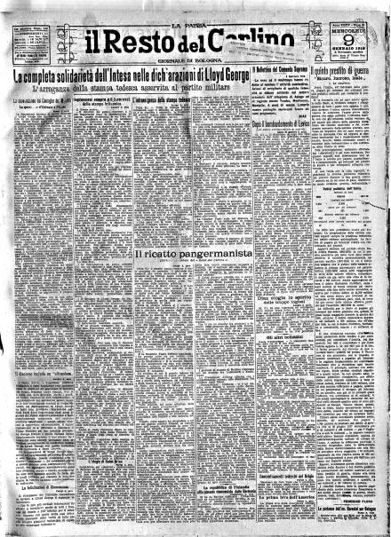 La prima pagina de Il Resto del Carlino del 9 gennaio 1918