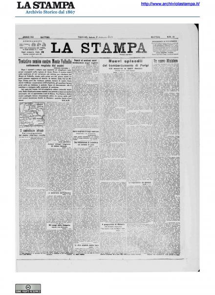 La prima pagina de La Stampa del 2 febbraio 1918