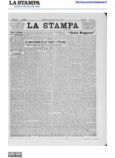 La prima pagina de La Stampa del 10 febbraio 1918