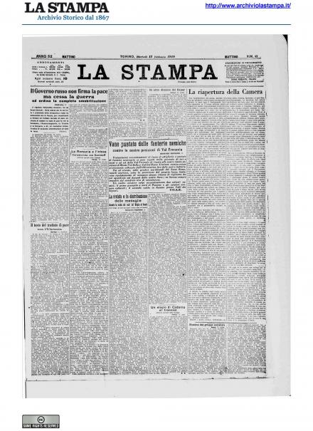 La prima pagina de La Stampa del 12 febbraio 1918