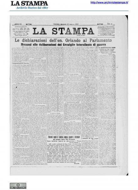 La prima pagina de La Stampa del 13 febbraio 1918