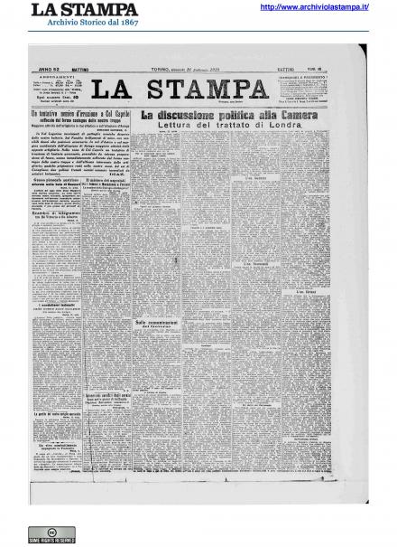 La prima pagina de La Stampa del 14 febbraio 1918