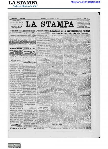 La prima pagina de La Stampa del 16 febbraio 1918