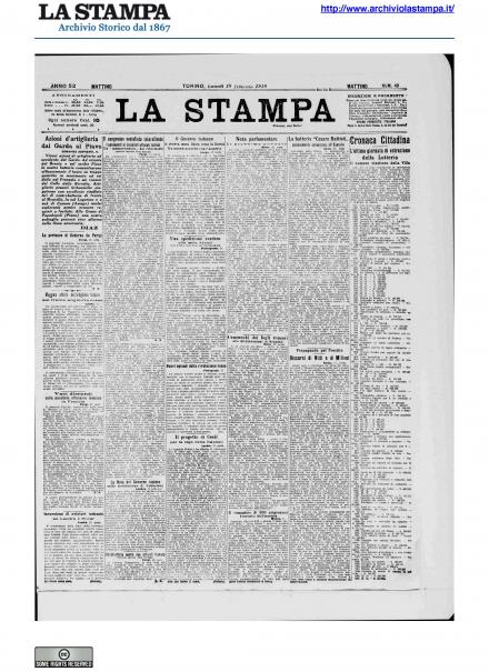 La prima pagina de La Stampa del 18 febbraio 1918