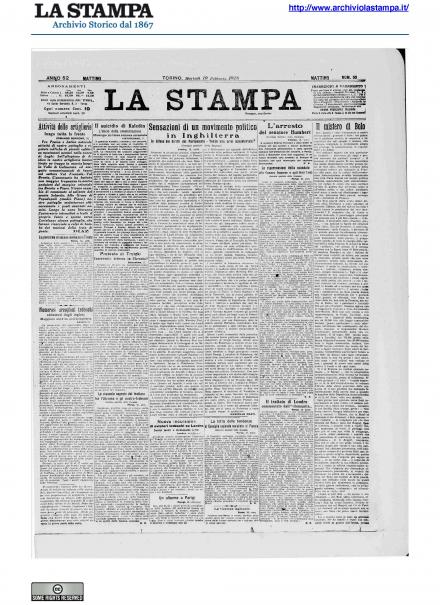La prima pagina de La Stampa del 19 febbraio 1918