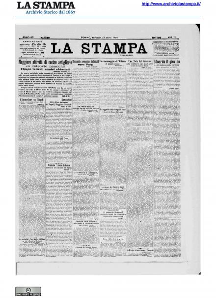 La prima pagina de La Stampa del 13 marzo 1918