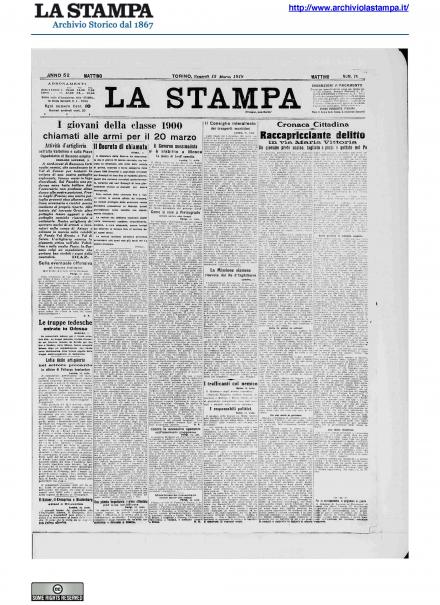 La prima pagina de La Stampa del 15 marzo 1918