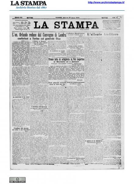 La prima pagina de La Stampa del 19 marzo 1918