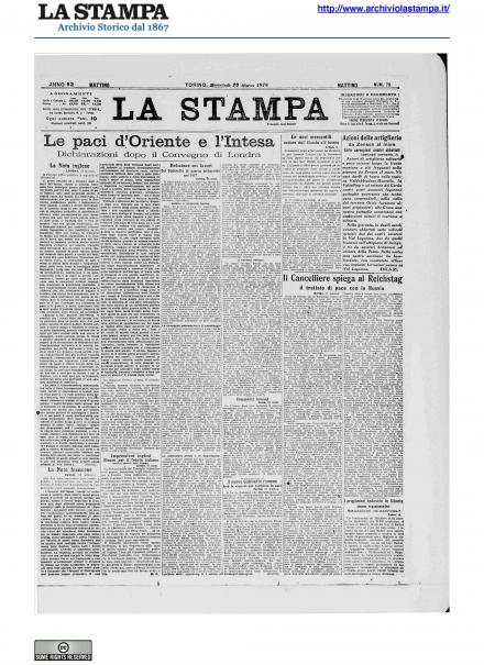 La prima pagina de La Stampa del 20 marzo 1918