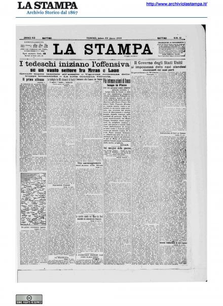 La prima pagina de La Stampa del 23 marzo 1918