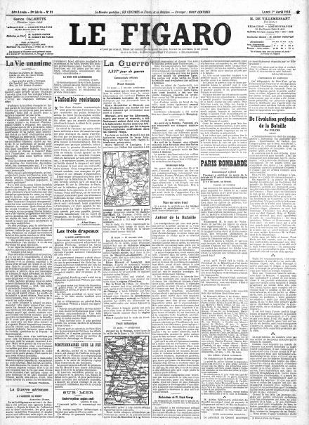 La prima pagina de Le Figaro del primo aprile 1918