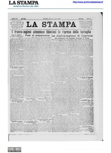 La prima pagina de La Stampa del 4 aprile 1918