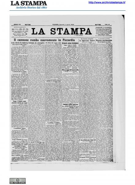 La prima pagina de La Stampa del 5 aprile 1918