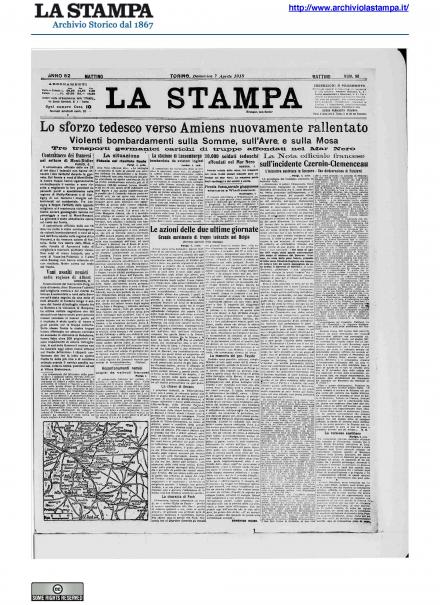 La prima pagina de La Stampa del 7 aprile 1918