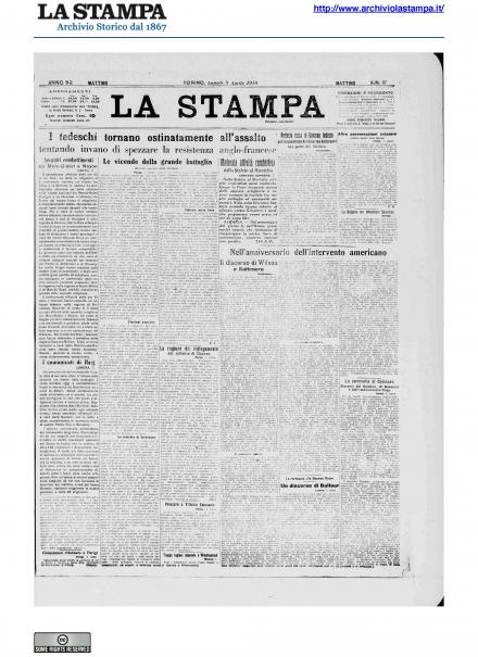 La prima pagina de La Stampa del 8 aprile 1918