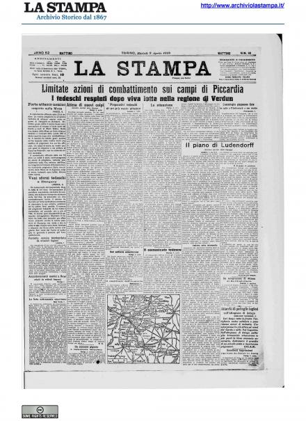 La prima pagina de La Stampa del 9 aprile 1918