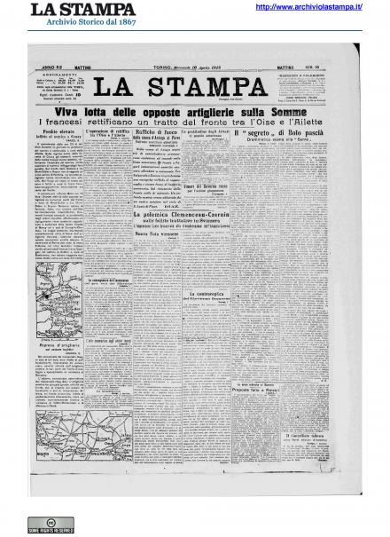 La prima pagina de La Stampa del 10 aprile 1918