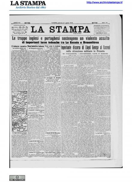 La prima pagina de La Stampa del 11 aprile 1918