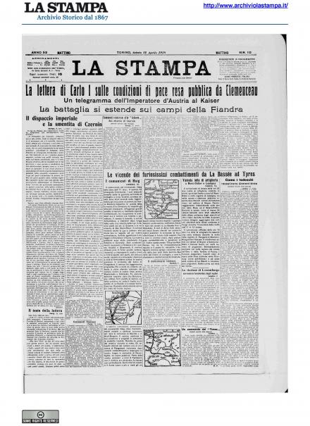 La prima pagina de La Stampa del 13 aprile 1918