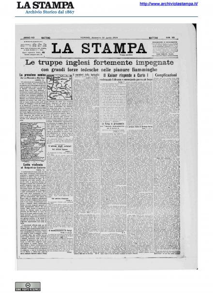 La prima pagina de La Stampa del 14 aprile 1918