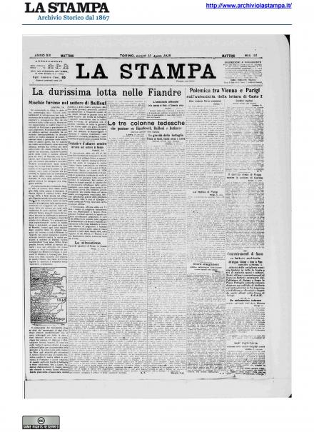 La prima pagina de La Stampa del 15 aprile 1918
