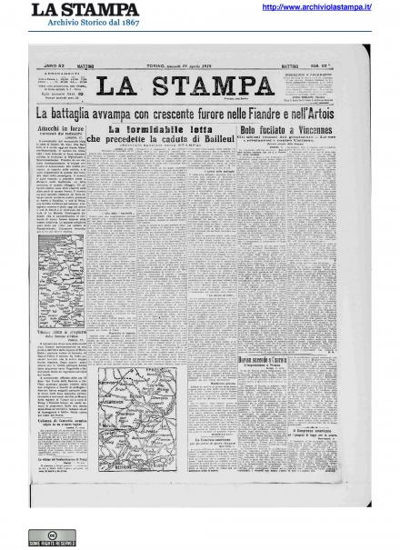 La prima pagina de La Stampa del 18 aprile 1918