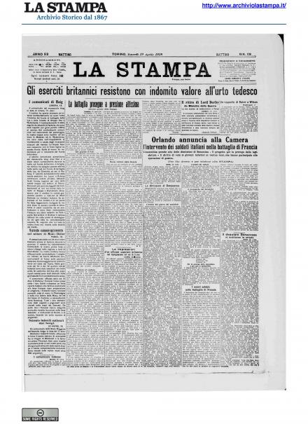 La prima pagina de La Stampa del 19 aprile 1918