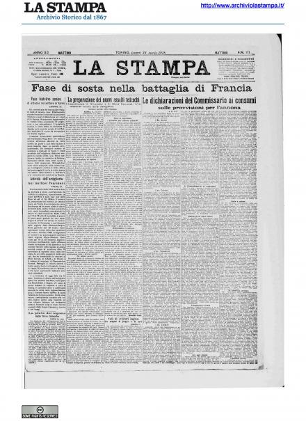 La prima pagina de La Stampa del 22 aprile 1918