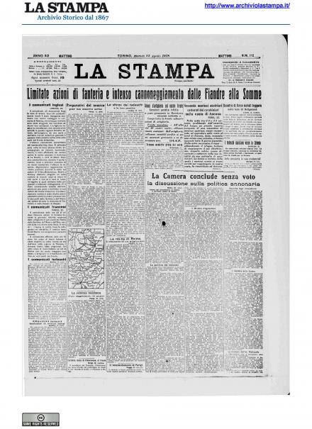 La prima pagina de La Stampa del 23 aprile 1918