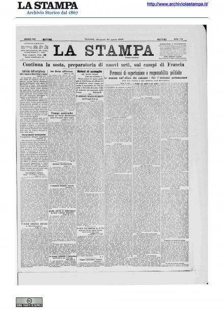 La prima pagina de La Stampa del 24 aprile 1918