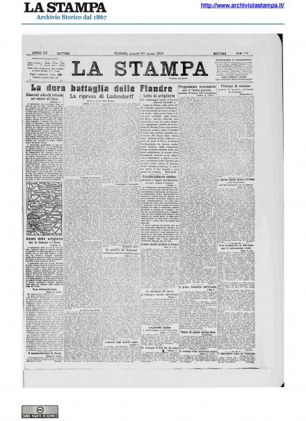 La prima pagina de La Stampa del 29 aprile 1918