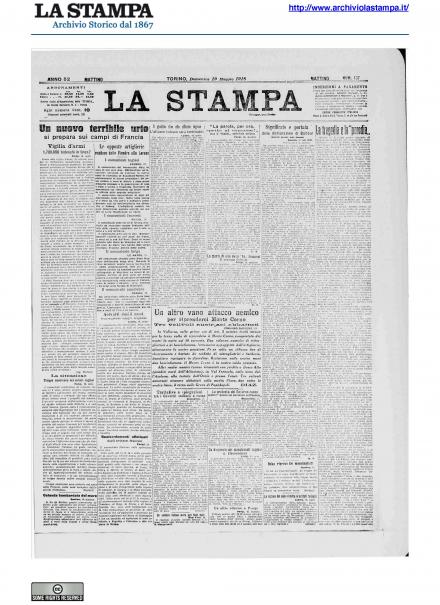 La prima pagina de La Stampa del 19 maggio 1918